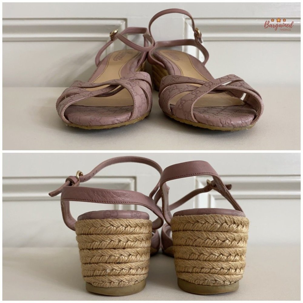 Authentic GUCCI Pink Micro-Guccissima Leather Wedge Espadrille Sandals 38.5/8.5 - Picture 5 of 14